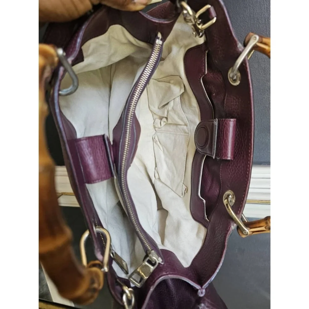 Authentic Gucci Bamboo Shopper Leather Satchel Bag Burgundy